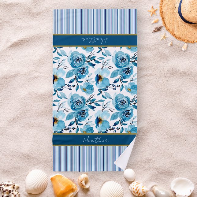 Toalha De Praia Floral Azul bonito com risca personalizada (Criador carregado)