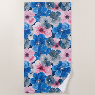 Toalha De Praia Floral Azul-Rosa-Chic