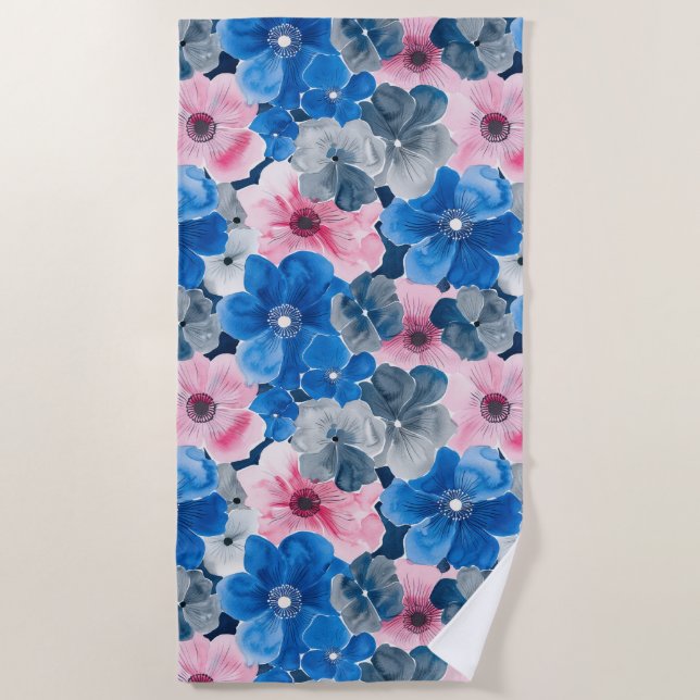 Toalha De Praia Floral Azul-Rosa-Chic (Frente)