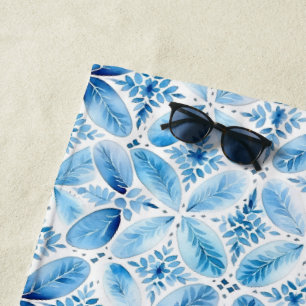 Toalha De Praia Floral Batik Branco Azul
