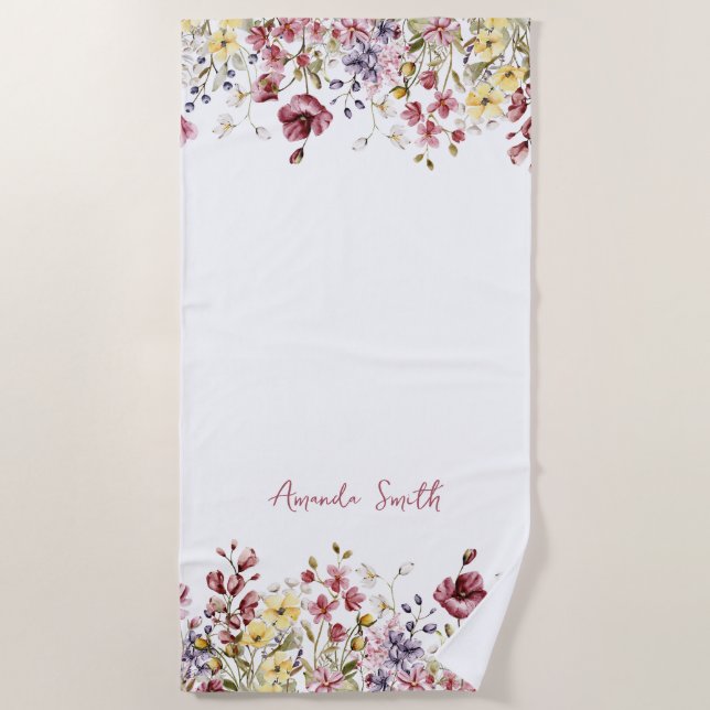 Toalha De Praia Floral Beach Towel Customized Name Flowers (Frente)