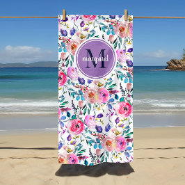 Toalha De Praia Floral Boho Sunrise Monograma Roxo e Branco