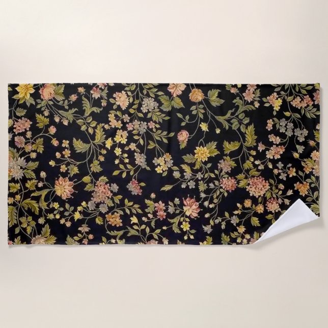 Toalha De Praia Floral Botânico Preto Elegante (Frente)
