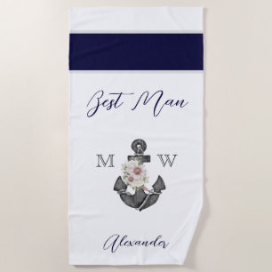 Toalha De Praia Floral de casamento náutico âncora rosa azul marin