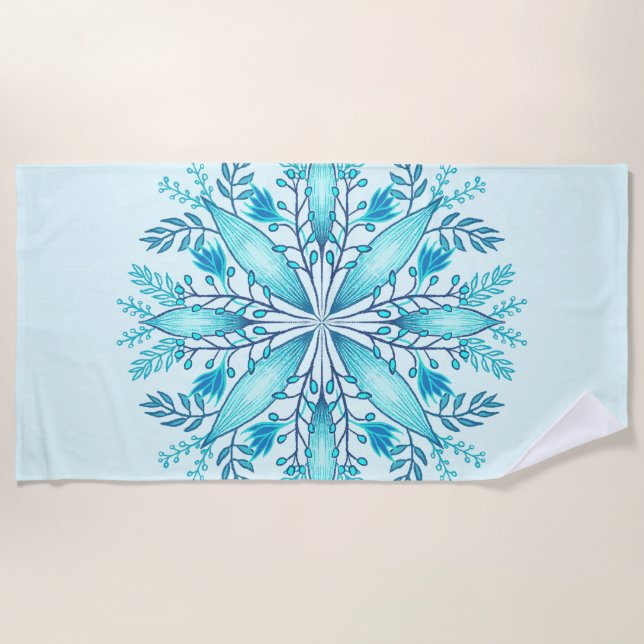 Toalha De Praia Floral Mandala - Turquesa Blue Boho Snowflake (Frente)