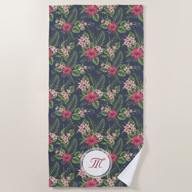 Toalha De Praia Floral Patterno Hibiscus Monograma Beach Towel (Frente)
