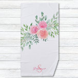 Toalha De Praia Floral Personalizado<br><div class="desc">Esta bonito toalha floral de praia é decorada com rosas de aquarela e folhagem em tons de rosa, coral e verde. Facilmente personalizável com seu nome e monograma. Original Watercolor © Michele Davies.</div>