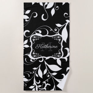Toalha De Praia Floral preto e branco