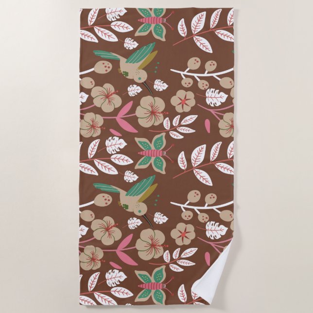 Toalha De Praia Floral seamless pattern flowers, leaves, butterfly (Frente)