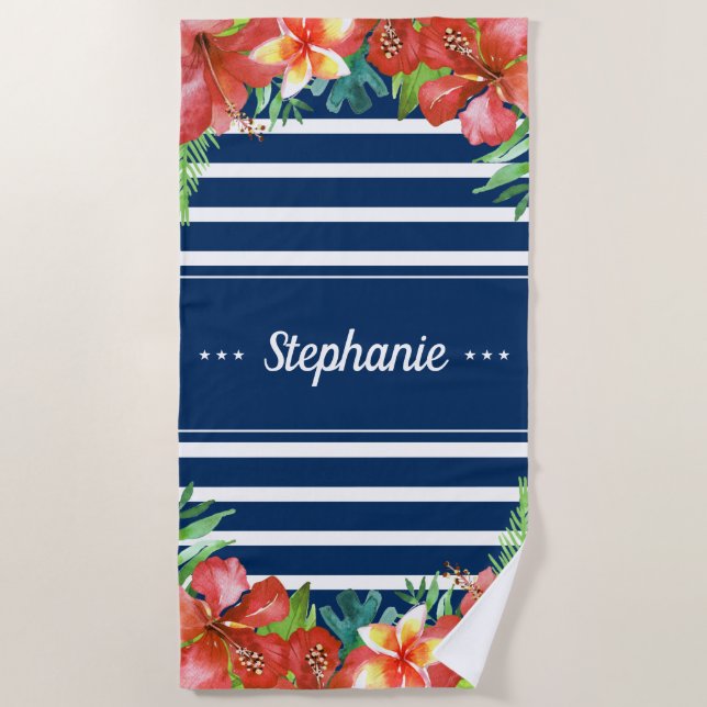 Toalha De Praia Floral Tropical de Stripe Náutica Personalizada (Frente)