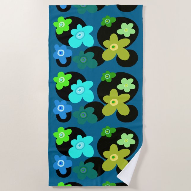 Toalha De Praia Flores azuis e verdes (Frente)