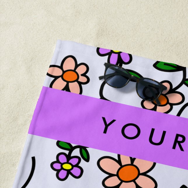 Toalha De Praia Flores Coloridas, Fundo Azul, Roxo (In Situ)