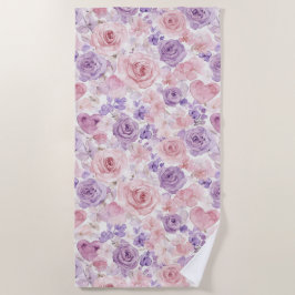 Toalha De Praia Flores Corações Rosa Roxo Blush Dia dos Namorados