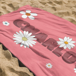Toalha De Praia Flores de Estilo Retro Rosa de Nome Personalizado