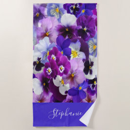 Toalha De Praia Flores de Pansy Floral Roxo Azul Branco Monograma