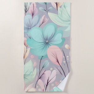 Toalha De Praia Flores de Pastel e Folhas em Fundo Roxo