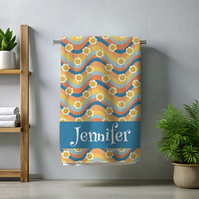 Toalha De Praia Flores de rosto sorridente de arco-íris retrô (Criador carregado)