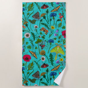Toalha De Praia Flores e mariposas selvagens em teal