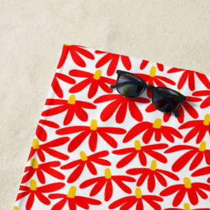 Toalha De Praia Flores Estilizadas - Vermelho, Âmbar e Branco