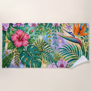Toalha De Praia Flores Fantasia da Selva Roxo Verde Dourado Sonhad