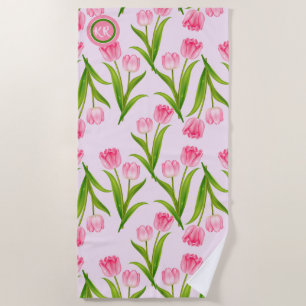 Toalha De Praia Flores Florais bonito De Tulipas Rosa Deixam Monog
