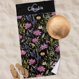 Toalha De Praia Flores Florais Pretas bonito Flores Selvagens Patt