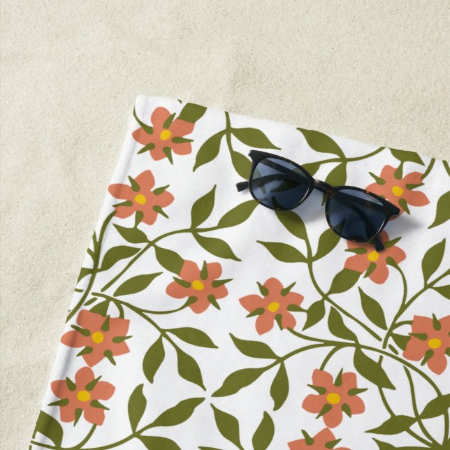 Toalha De Praia Flores Laranja, Padrão Floral, Verde, Boho (In Situ)