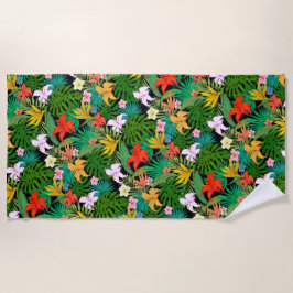 Toalha De Praia Flores multicoloridas e folhas de palma em preto