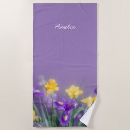 Toalha De Praia Flores Personalizadas de Íris Roxo e Amarelo