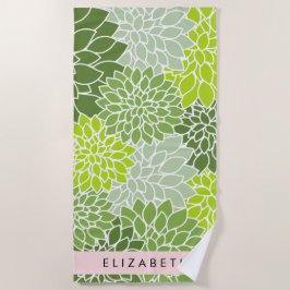 Toalha De Praia Flores Verdes Dahlia, Padrão Floral, Seu Nome