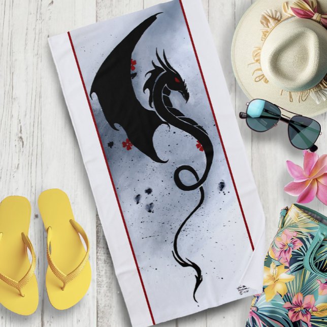 Toalha De Praia Flores Vermelhas Azuis Dragão Preto (Criador carregado)