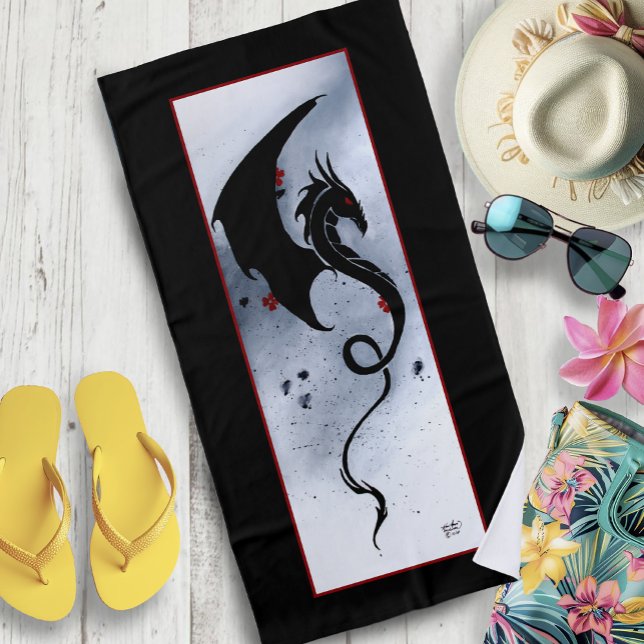 Toalha De Praia Flores Vermelhas Azuis Dragão Preto (Criador carregado)