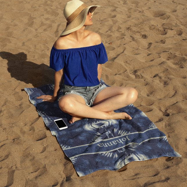Toalha De Praia Folha de Palma em Azul Delft, personalizável (Criador carregado)