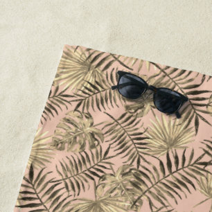 Toalha De Praia Folha de palmeira monstera tropical rosa pêssego e