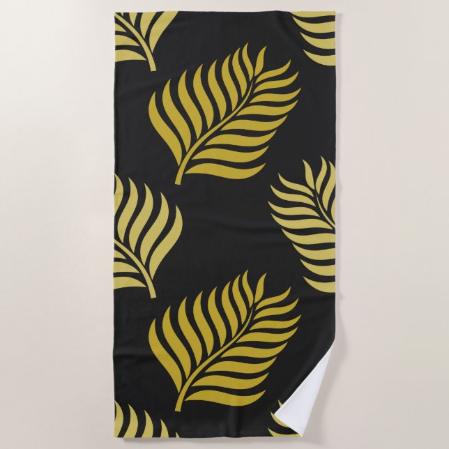 Toalha De Praia Folhas de ouro sobre fundo preto (Frente)