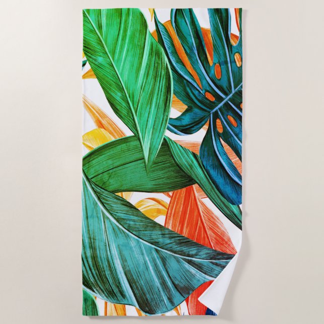 Toalha De Praia Folhas de palma coloridas exóticas (Frente)