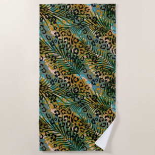 Toalha De Praia Folhas de palma num fundo-leopardo.