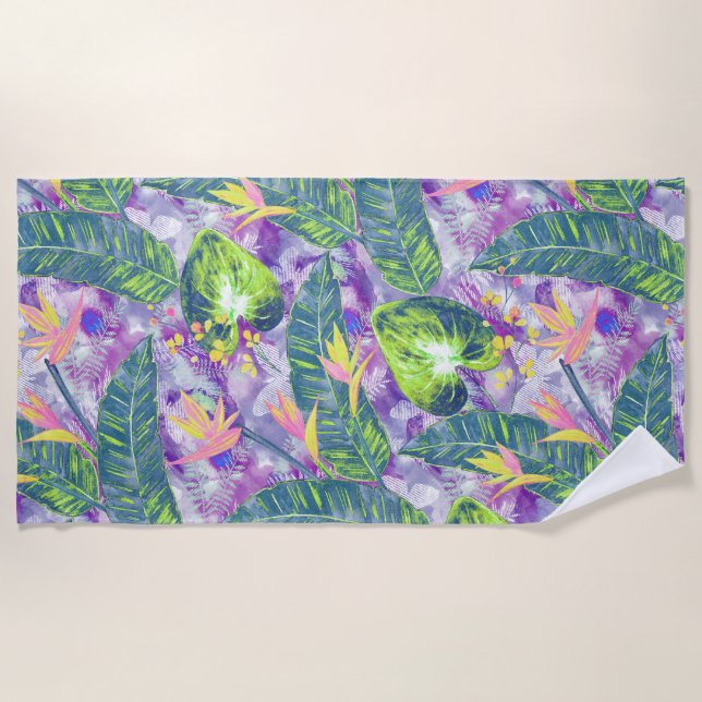 Toalha De Praia folhas de palma, tropicais, botânicas, coloridas (Frente)