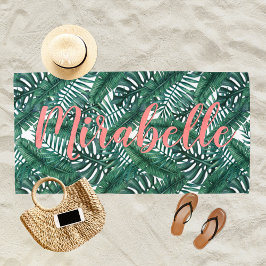 Toalha De Praia Folhas de Palmeira Aquarela Tropical Nome Coral Pe