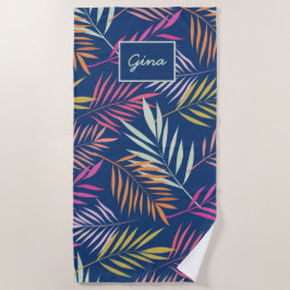Toalha De Praia Folhas Tropicais Coloridas de Palma em Azul Escuro