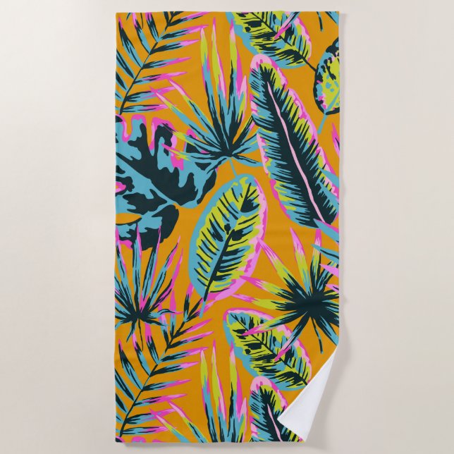 Toalha De Praia Folhas Tropicais Havaianas E Plantas Padrão-Impres (Frente)