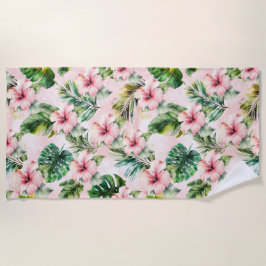 Toalha De Praia Folhas Tropicais Rosa Hibiscus Floral