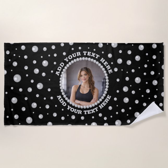 Toalha De Praia Foto Personalizada com Círculo de Pérolas em Preto (Frente)