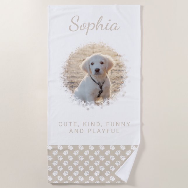 Toalha De Praia Foto Pet & White Paws No Beige E Texto Personaliza (Frente)