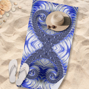 Toalha De Praia Fractal Espiral abstrato Azul e Branco