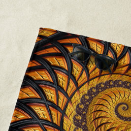 Toalha De Praia Fractal Espiral Dourado abstrato preto