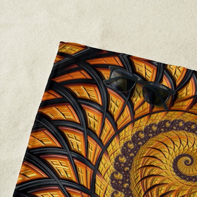 Toalha De Praia Fractal Espiral Dourado abstrato preto (In Situ)
