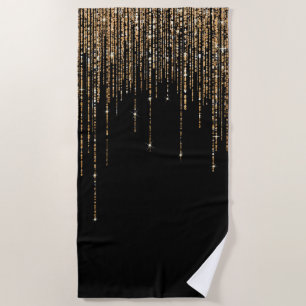 Toalha De Praia Frente Glitter Preto-Dourado Espelho Preto-Luxo