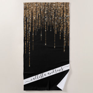 Toalha De Praia Frente Glitter Preto-Dourado Espelho Preto-Luxo