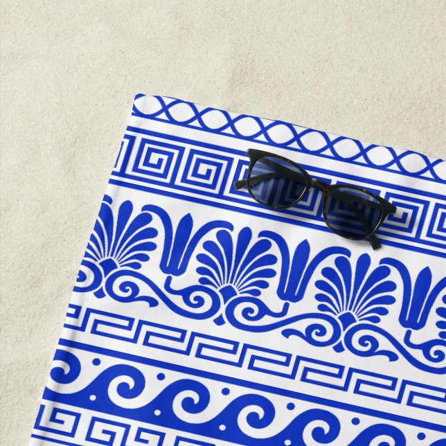 Toalha De Praia Frete Grego, Padrão Mediterrânico, Azul (In Situ)